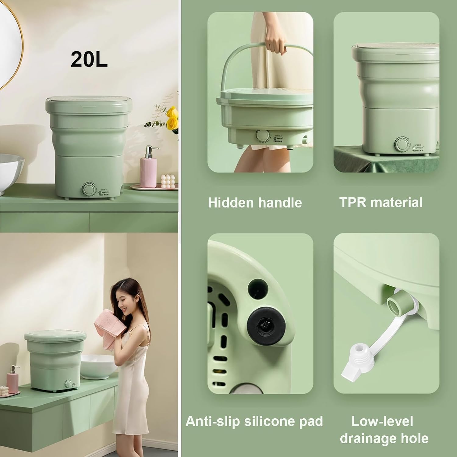 Portable Washing Machine, 20L Collapsible Mini Washer with Dehydration, for Small Clothes, Foldable Design Ideal For Hotel, Home, Apartment, Camping(Green)