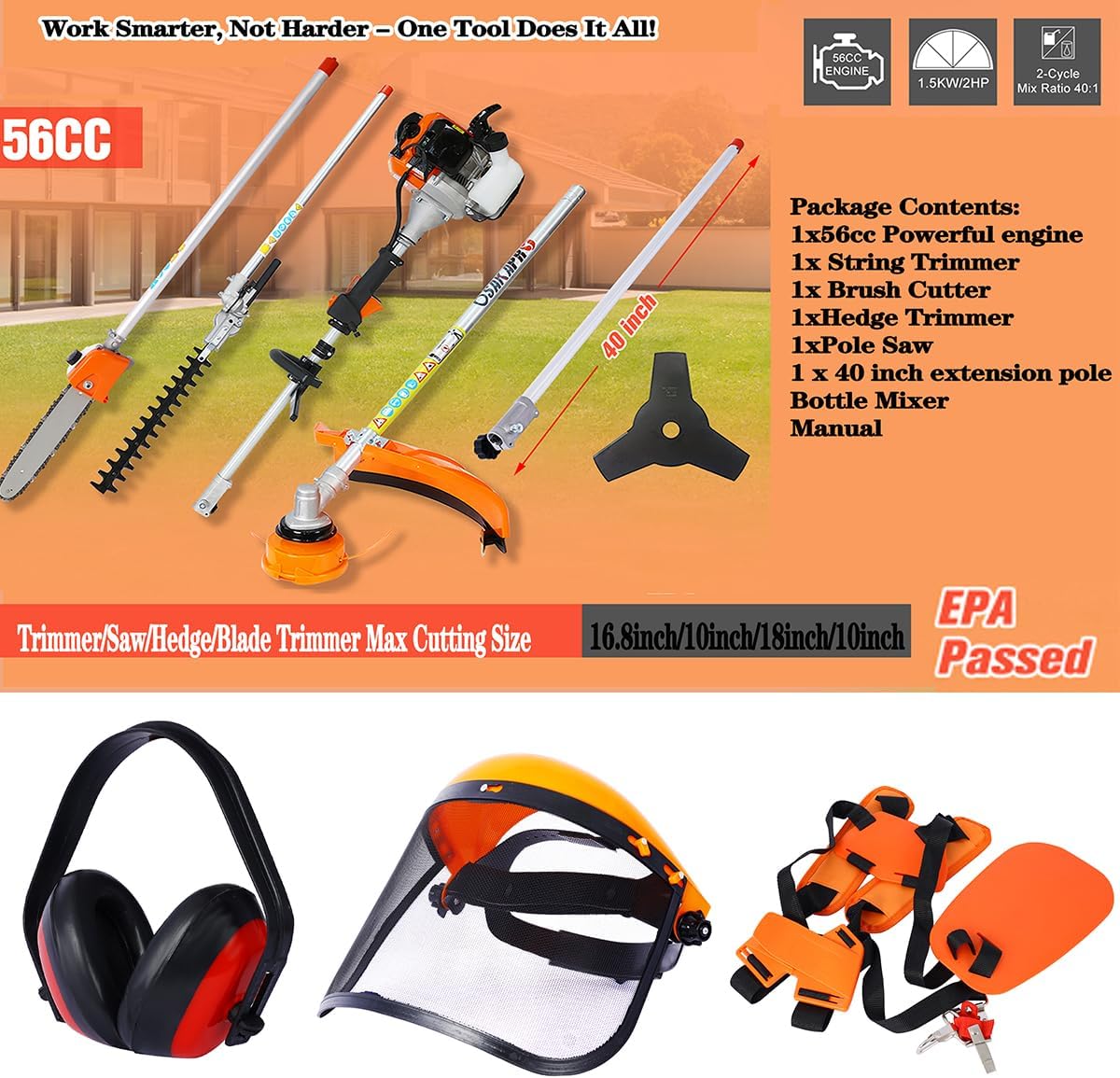 56cc 2-Cycle Gas Multi-Trimmer | 5-in-1 String Trimmer w/Rotatable 40' Pole Saw, Weed Eater Weed Wacker, Brush Cutter & Hedge Trimmer Gas for Lawn, Yard, Garden Care, All-in-one Garden Tool