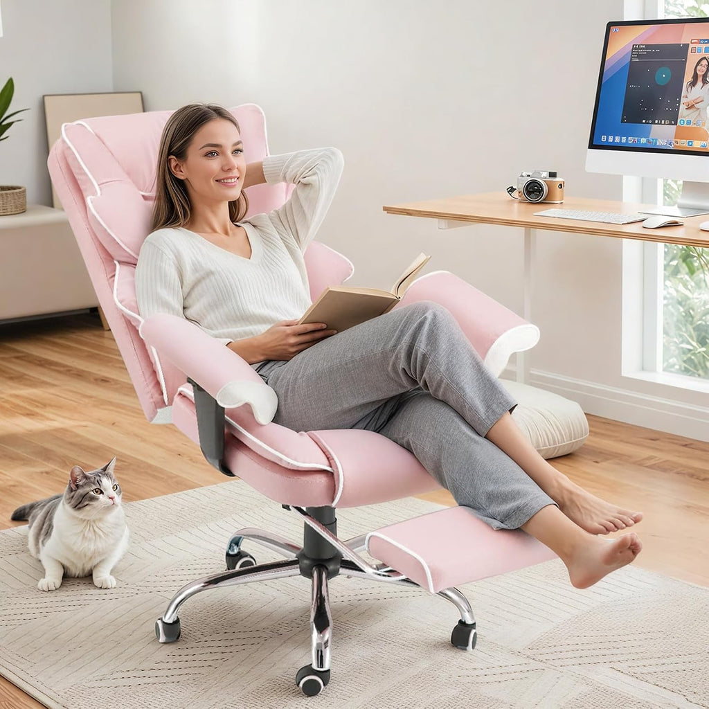 HOMREST Pink Ergonomic Office Chair with 6-Point Vibration Massage & Heat – Reclining Executive Chair with Adjustable Footrest and Armrests, PU Leather Big and Tall Home Office Desk Chair