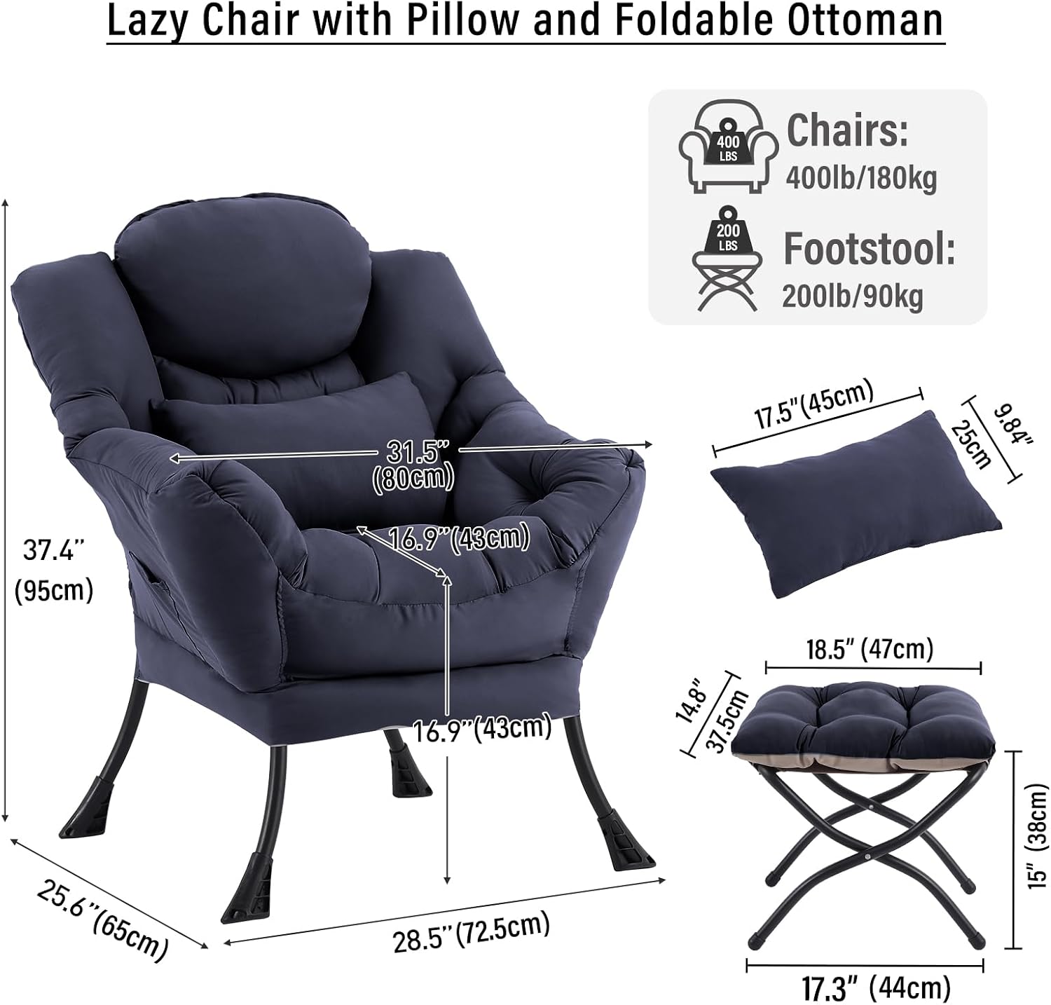 Lazy Chair with Ottoman, Modern Accent Chair with Lumbar Pillow, Navy Blue Sofa, Armchairs with Folding Footrest, Oversized Supportive Chairs for Bedroom, Reading