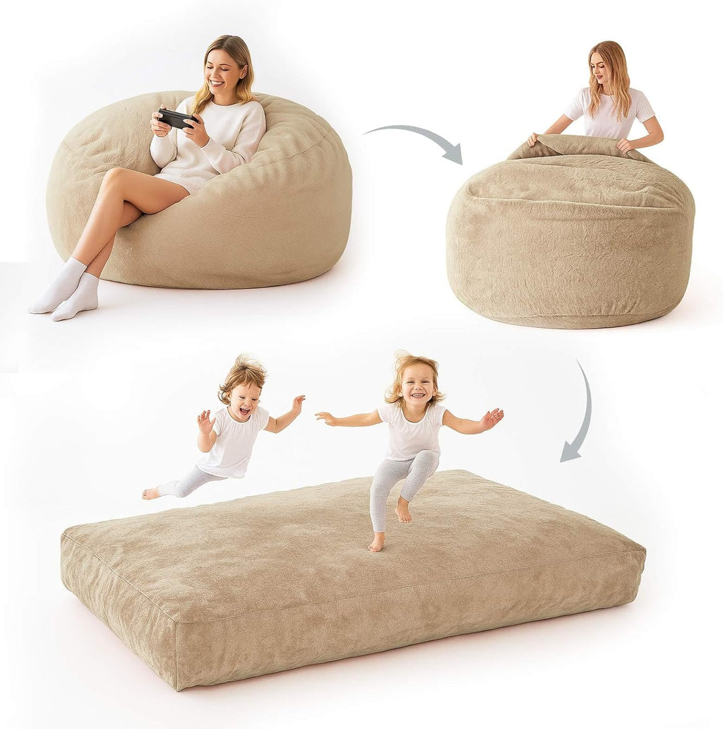 Adult Bean Bag Chair Bed, Bean Bag Sofa with Filling, Memory Foam, Comfortable Floor Sofa Bed, Boneless Floor Chair, Suitable for Living Room Bedroom Dormitory Balcony Lounge (Apricot, Chair Bed)