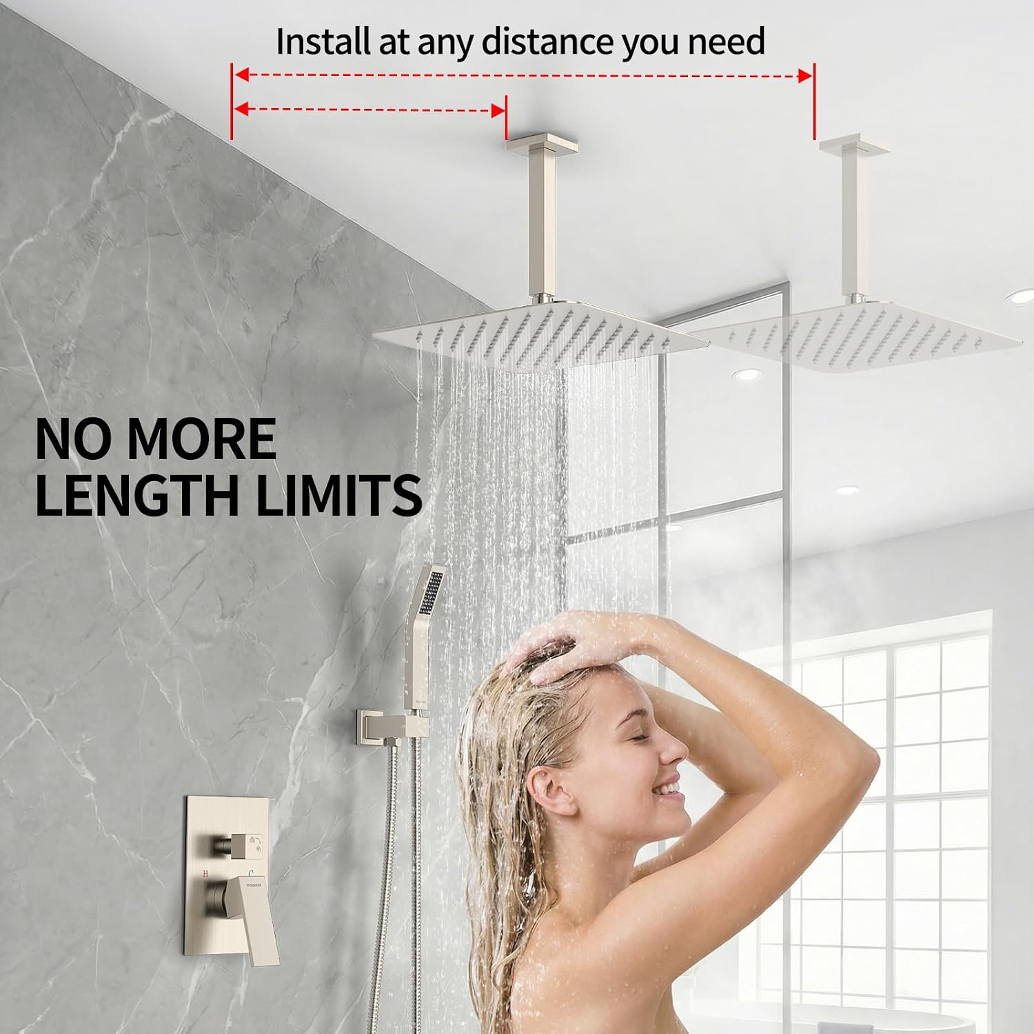 SR SUN RISE 12 Inch Ceiling Mount Brushed Nickel Shower System Bathroom Luxury Rain Mixer Shower Combo Set Ceiling Rainfall Shower Head System Faucet Trim Repair Kits with Rough-in Valve and Trim