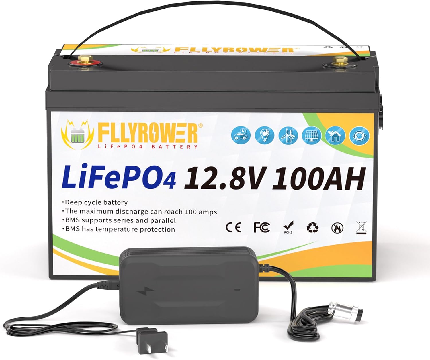 FLLYROWER 12V Lithium Battery 100AH With BMS and 16500 Deep Cycles 12V 100AH Lifepo4 Battery Grade A Cells for Marine Trolling Motor RV camping Solar Golf Cart Off-Grid
