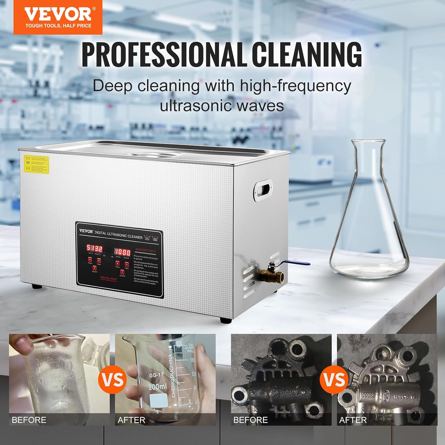 VEVOR Ultrasonic Cleaning with Digital Timer & Heater, Professional Ultra Sonic Jewelry Cleaner, Stainless Steel Heated Cleaning Machine for Glasses Watch Rings Small Parts Circuit Board (30L)