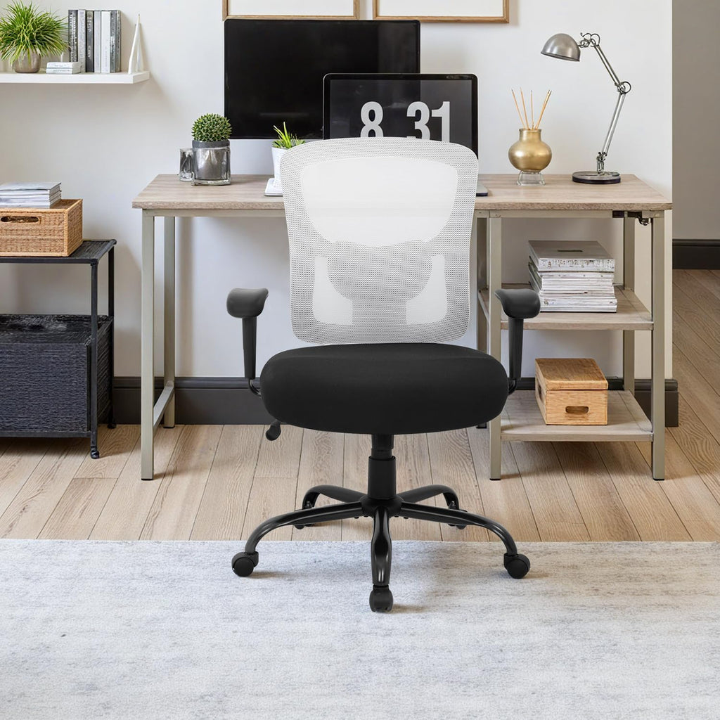 BestOffice Big & Tall Office Chair, 400 lb Capacity Mesh Desk Seating with Lumbar Support, Wide Seat, Adjustable Arms, Rolling Swivel High-Back Ergonomic Executive Task Model for Home Office, White