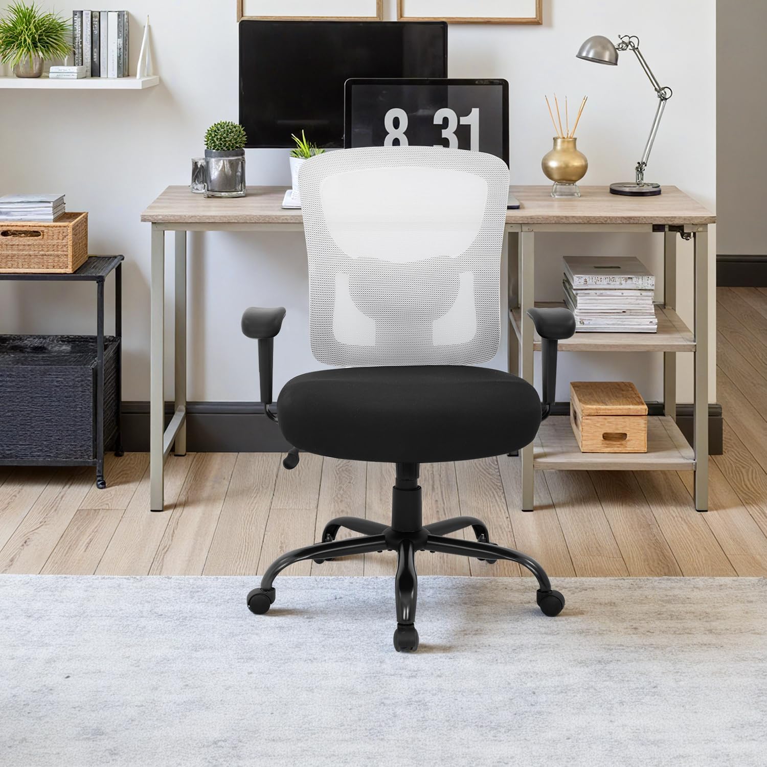 BestOffice Big & Tall Office Chair, 400 lb Capacity Mesh Desk Seating with Lumbar Support, Wide Seat, Adjustable Arms, Rolling Swivel High-Back Ergonomic Executive Task Model for Home Office, White