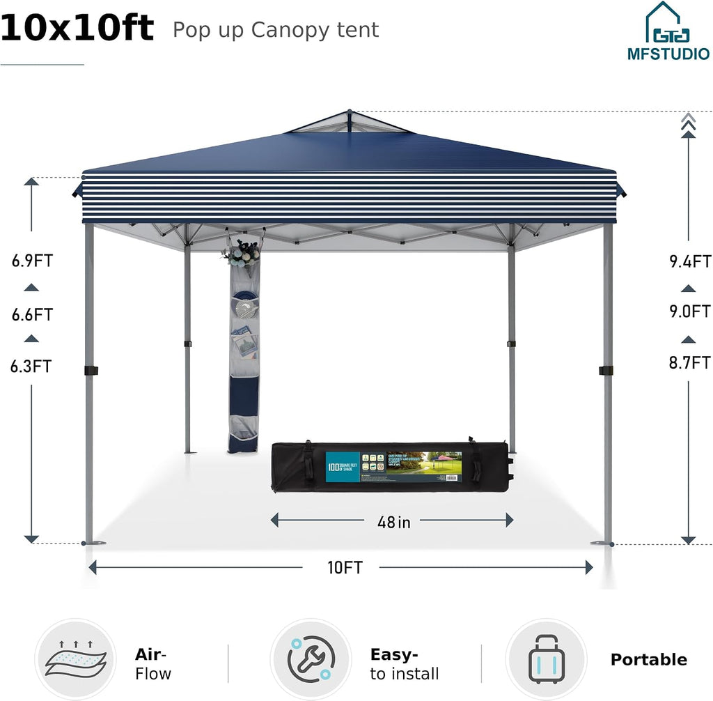 MFSTUDIO Pop Up Canopy Tent, 10x10 Outdoor Canopies One Person Push Set Up Tent Instant Portable Shelter Tents with Vented Top, Storage, 4 Sandbags, Beach Canopy,Blue Stripe