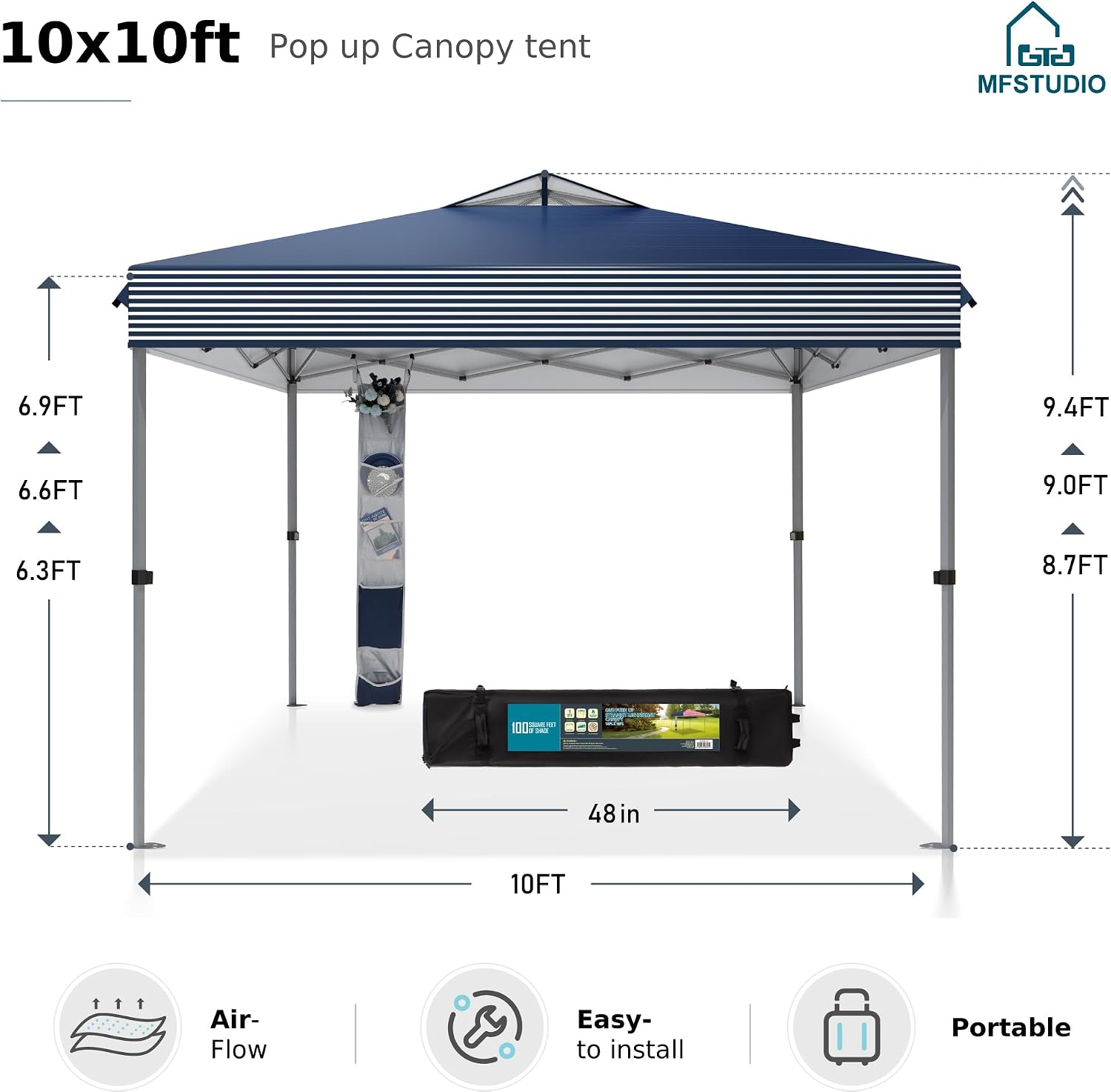 MFSTUDIO Pop Up Canopy Tent, 10x10 Outdoor Canopies One Person Push Set Up Tent Instant Portable Shelter Tents with Vented Top, Storage, 4 Sandbags, Beach Canopy,Blue Stripe