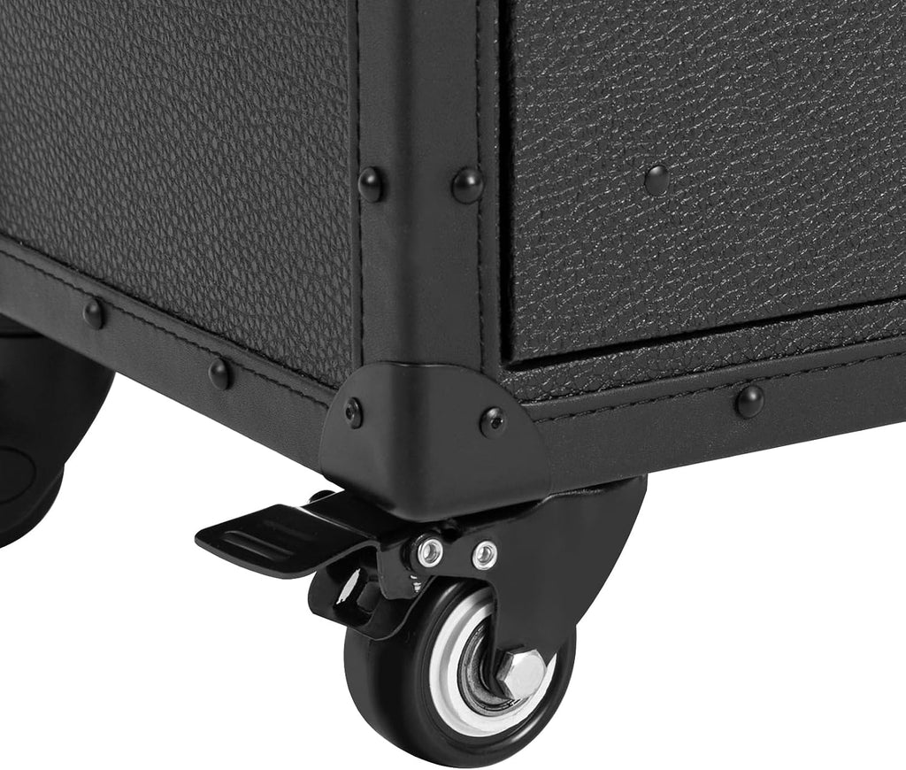 Rolling Lockable Makeup Train Case, Cosmetology Case on Wheels Hairstylist Traveling Bag with Hairdryer Holder, Salon Storage Toolbox with Carry Handle and Trolley (Pure Black)
