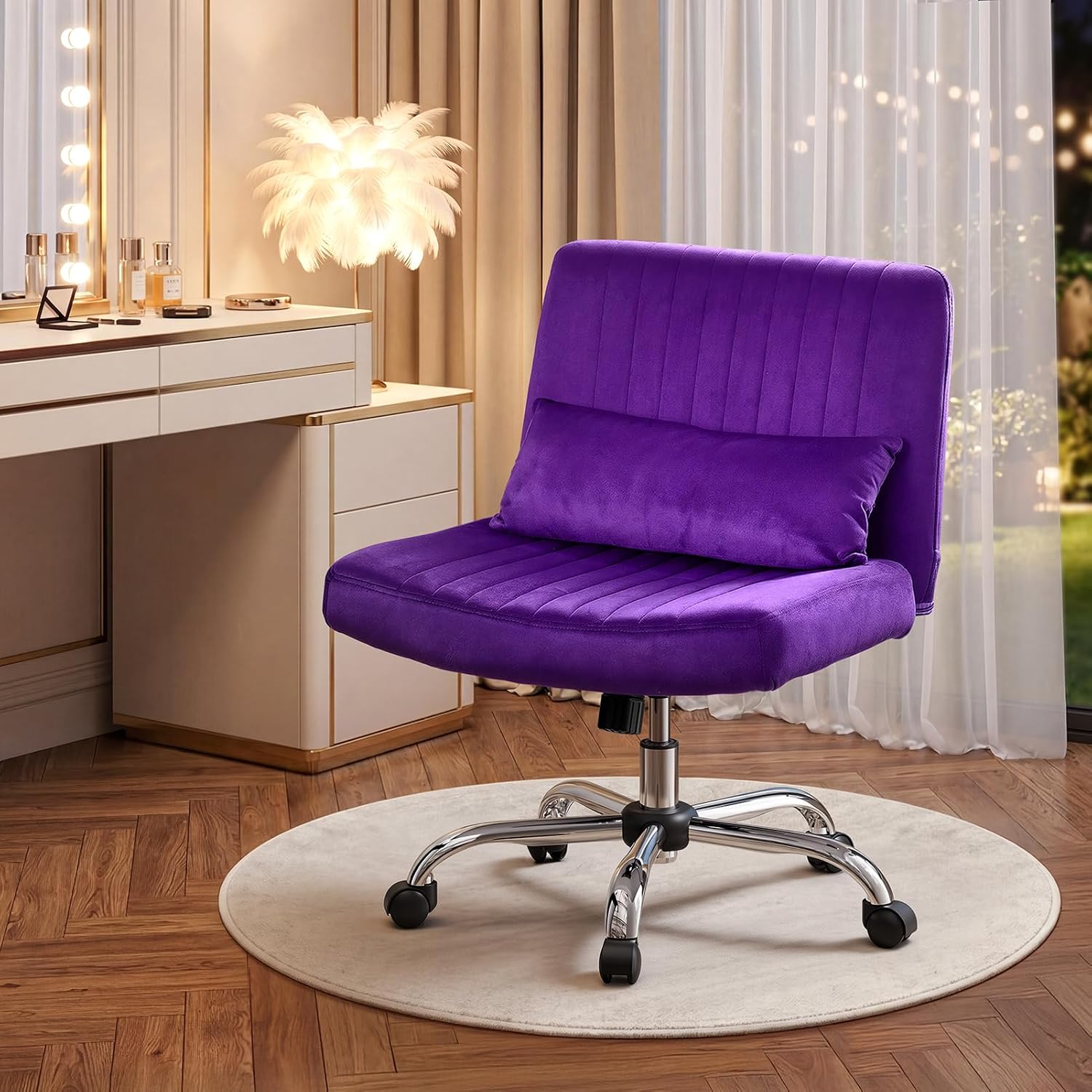 Criss Cross Chair with Wheels, Velvet Cross Legged Office Chair, Comfy Desk Chair for Home Office, Ergonomic Computer Chair, Wide Seat Vanity Chair, Birthday Gift for Women, Velvet Plum Purple