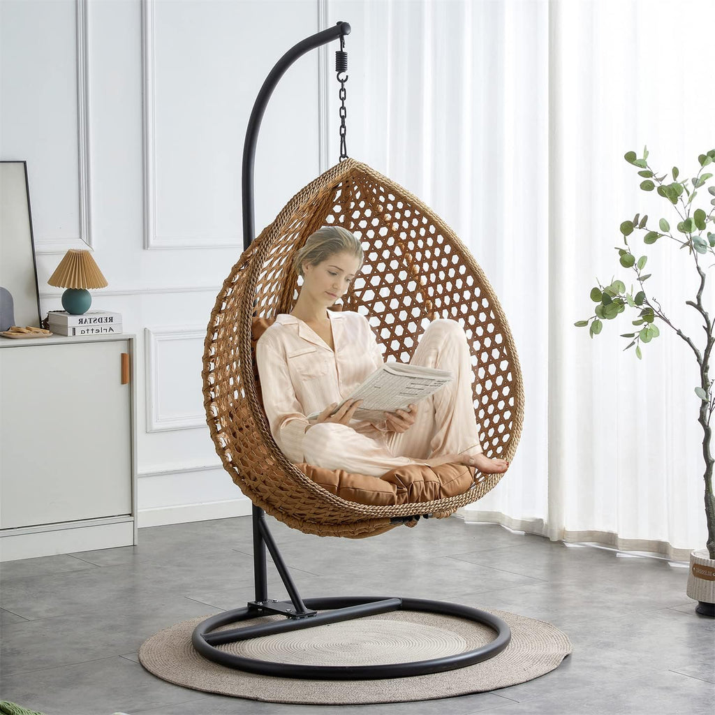 LKTART Egg Swing Chair with Stand Rattan Hanging Egg Chair with Cushions and Pillow Relaxing Chair Foldable Basket & Metal Stand Indoors or Outside