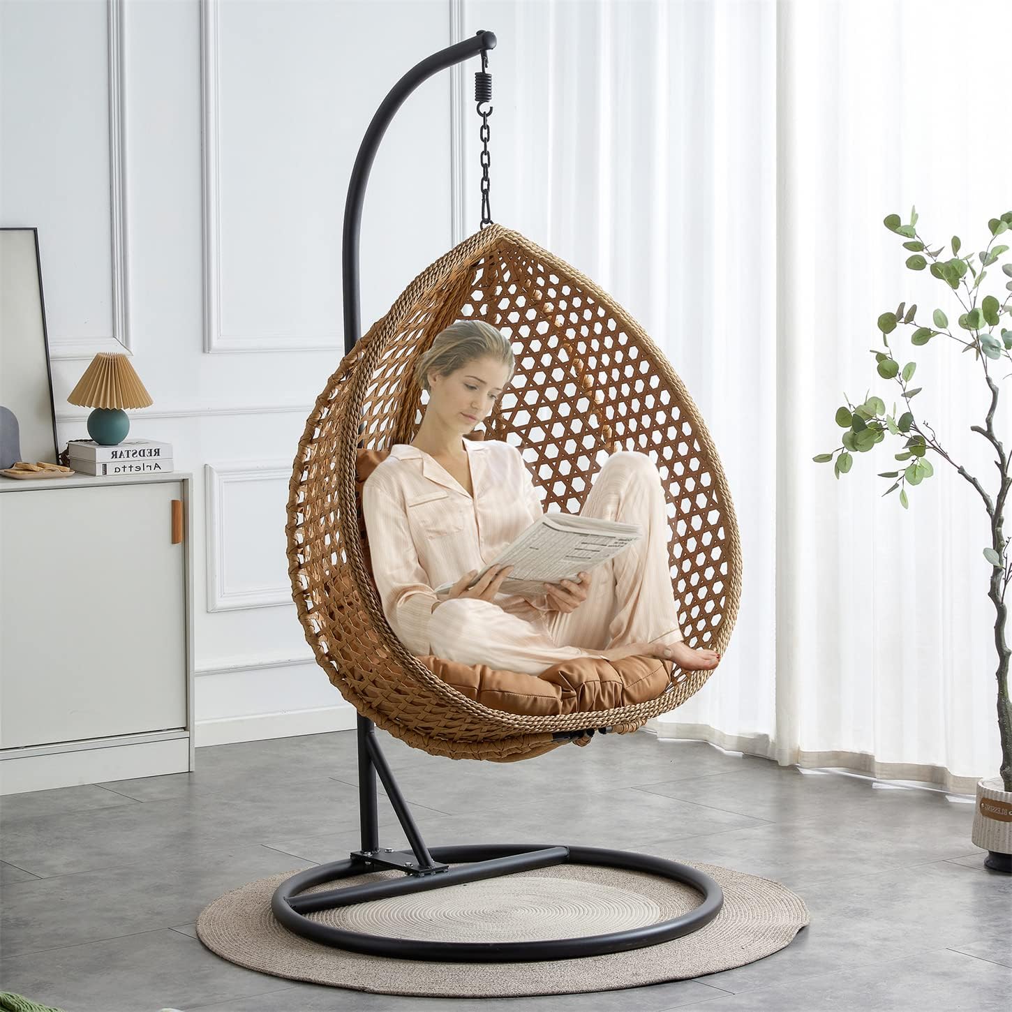 LKTART Egg Swing Chair with Stand Rattan Hanging Egg Chair with Cushions and Pillow Relaxing Chair Foldable Basket & Metal Stand Indoors or Outside
