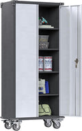 Metal Storage Cabinet with Wheels,71' Tall Garage Cabinet with 2 Doors and 4 Adjustable Shelves,Heavy Duty Broom Closet Storage Cabinet & Locking Cabinet for Home Office Warehouse