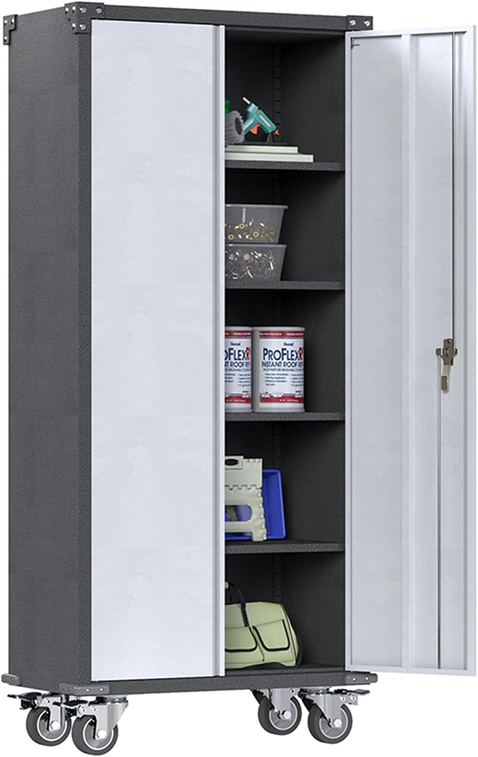 Metal Storage Cabinet with Wheels,71' Tall Garage Cabinet with 2 Doors and 4 Adjustable Shelves,Heavy Duty Broom Closet Storage Cabinet & Locking Cabinet for Home Office Warehouse