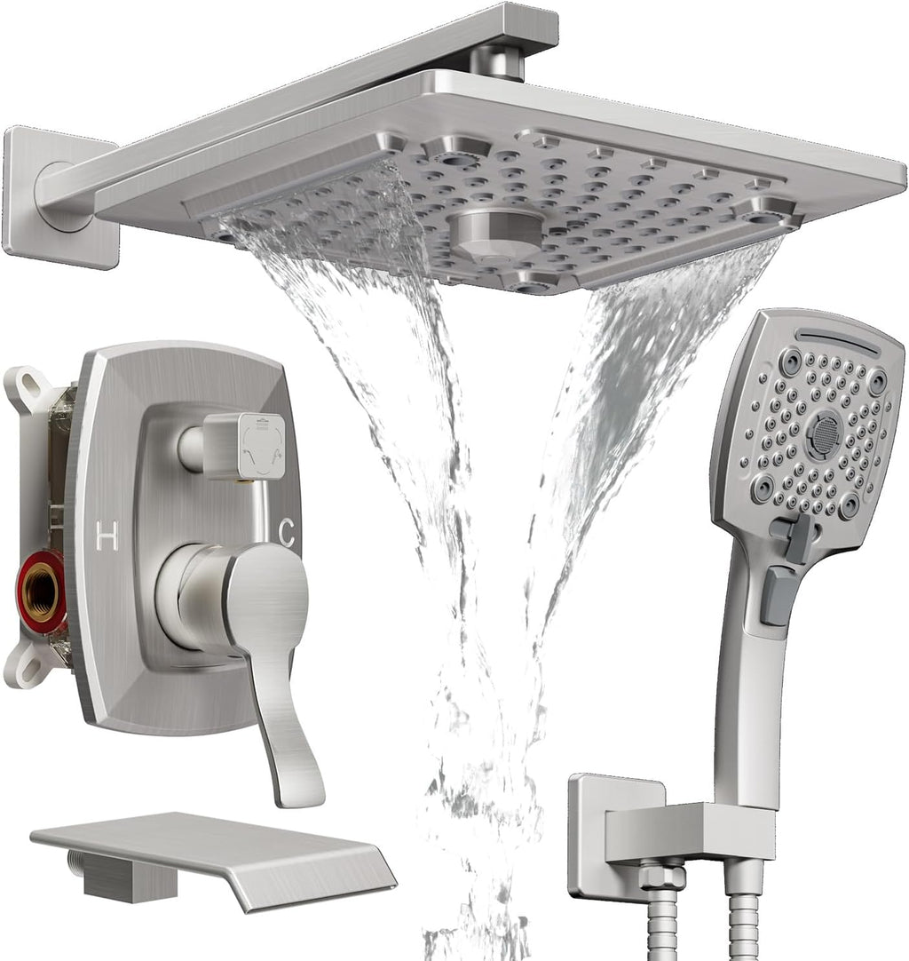 ELLO&ALLO Shower Tub Shower Faucet Set Brushed Nickel Mixing Valve and Trim Kit, Rainfall Waterfall Shower Head with Handheld Combo