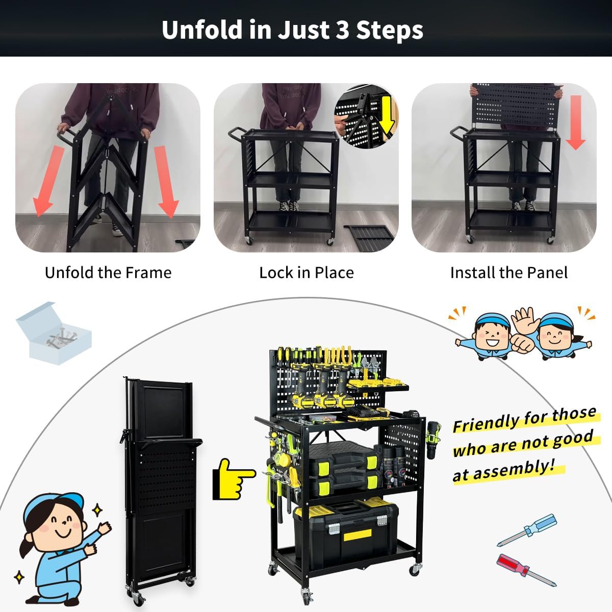 Lumizone Foldable Tool Cart with Wheels Rolling Utility Service Cart with Pegboard for Power Tool Organization Garage Organizer Storage on Wheels Heavy Duty Folding Design (Tool Cart)