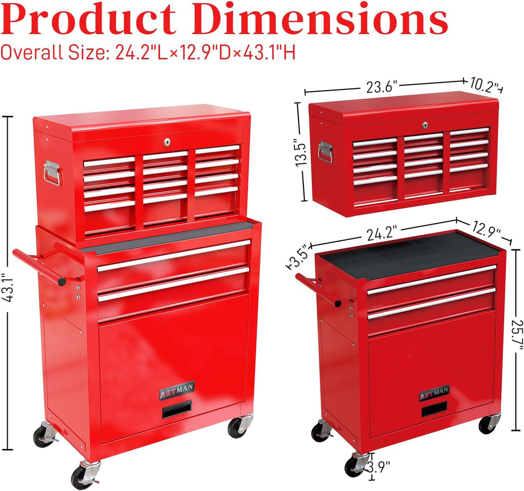 High Capacity Rolling Tool Chest with 8-Drawer Tool Box on Wheels Multifunctional Tool Cart Mechanic Tool Storage Cabinet for Garage, Warehouse, Workshop, Repair Shop (Red)