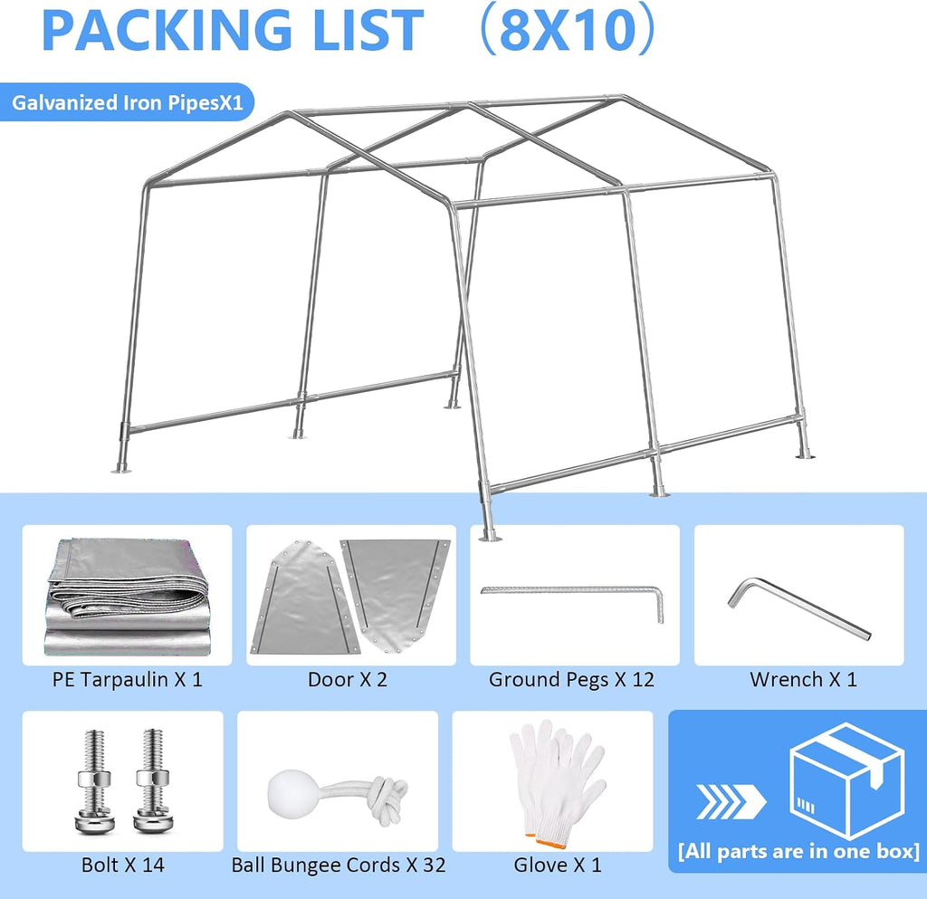 Jocoevol 8x10 ft Carport Heavy Duty Tent with Roll-up Windows, Portable Garage with Galvanized Steel Tubes, Car Canopy All-Season Tarp for Car Boat Truck Motorcycle
