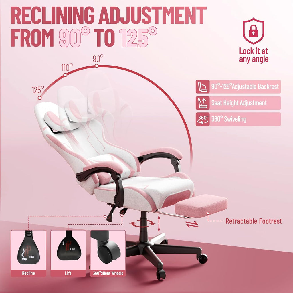 Ferghana Gaming Chair, Cloth Fabric Ergonomic Computer Chair with Massage Lumbar Support, High Back Office Game Chair with Footrest and Linkage Armrest for Adult, White/Pink