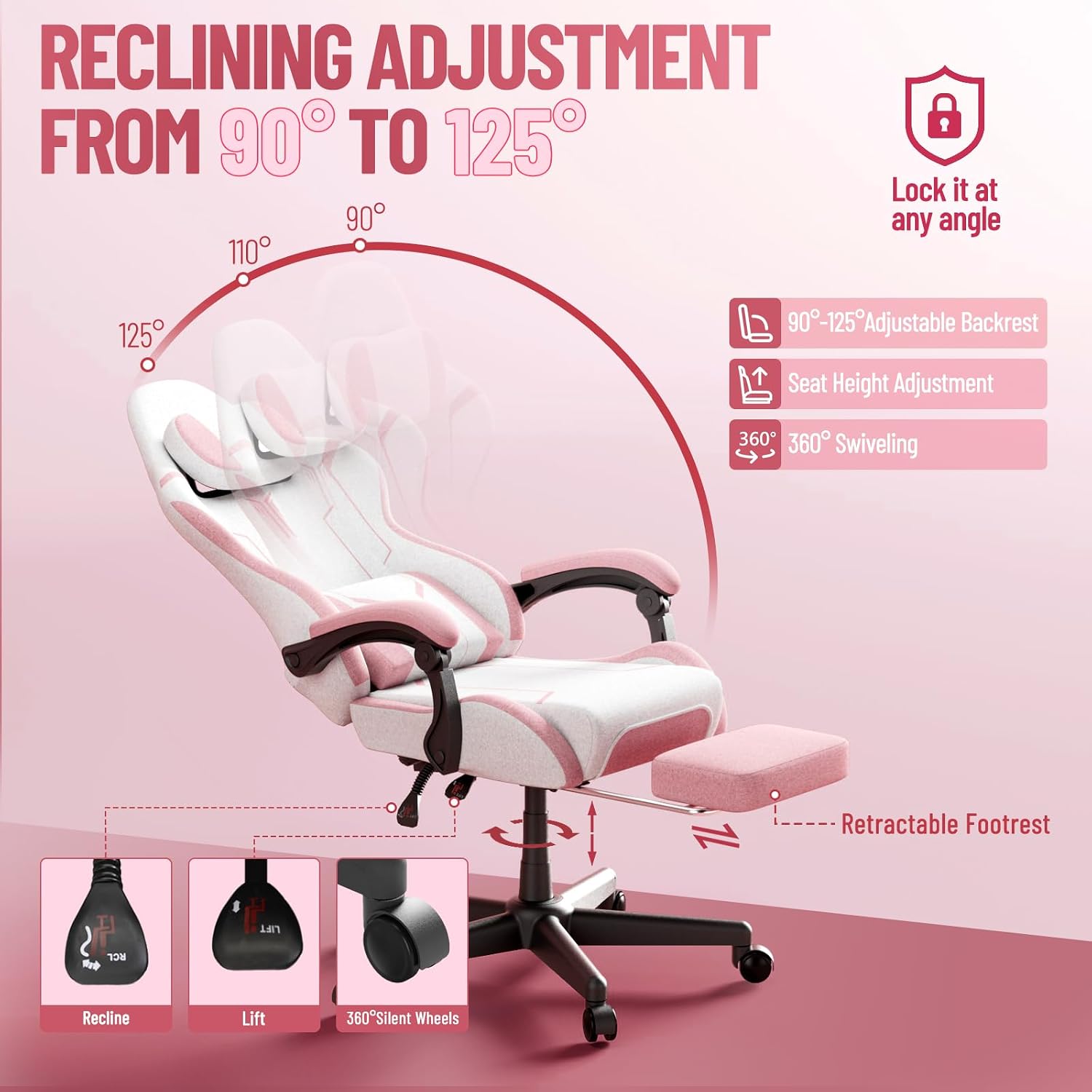 Ferghana Gaming Chair, Cloth Fabric Ergonomic Computer Chair with Massage Lumbar Support, High Back Office Game Chair with Footrest and Linkage Armrest for Adult, White/Pink