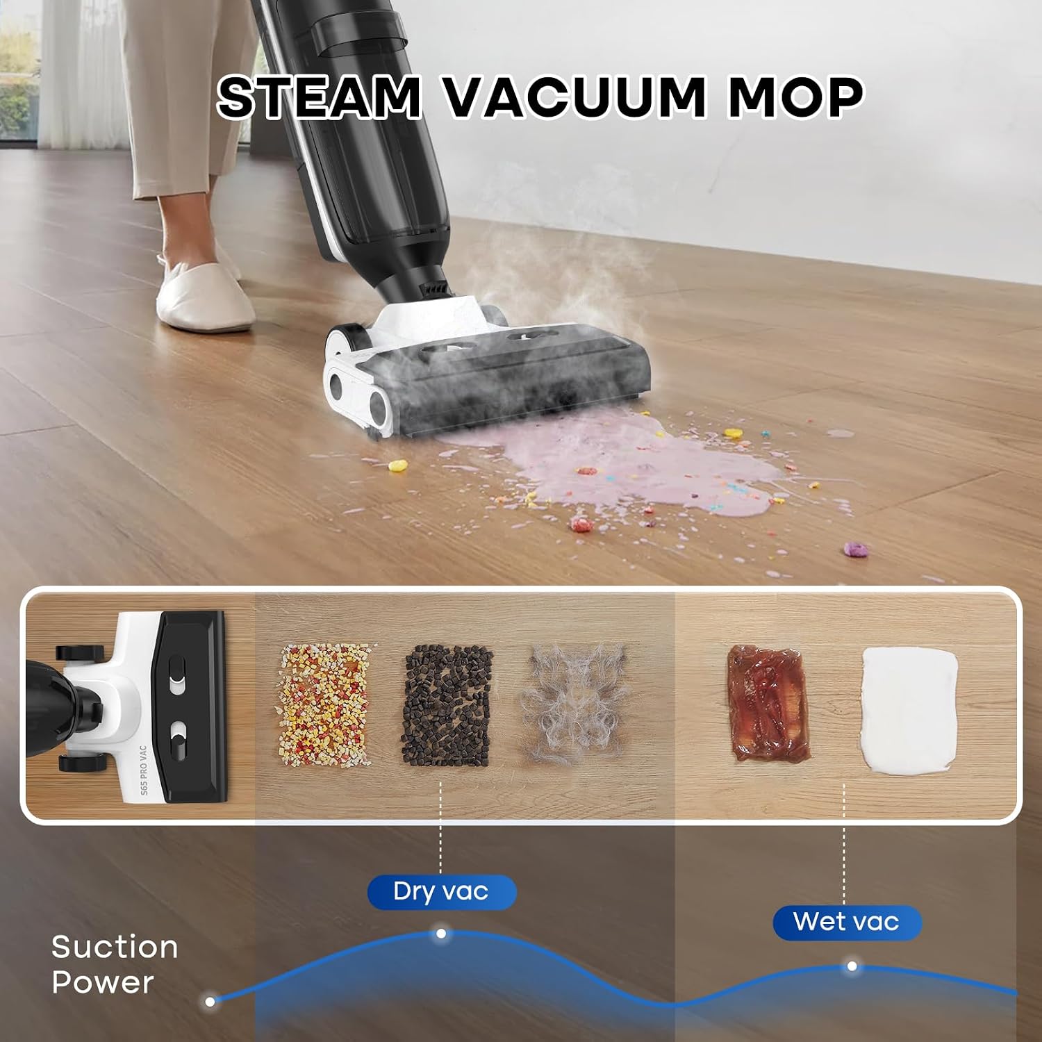 4-in-1 Steam Vacuum Mop - High-Performance Wet Dry Floor Cleaner for Hardwood Floors Carpets, 212°F Steam for Tough Stains, Self-Cleaning LED Display