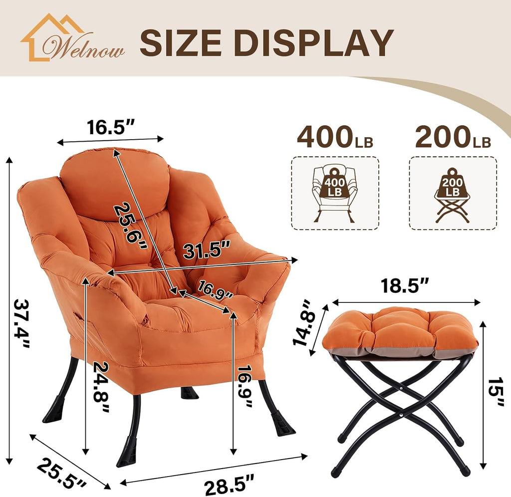 Welnow Lazy Chair with Ottoman for Living Room, Modern Reading Accent Chair with Armrests and a Side Pocket, Leisure Upholstered Lazy Sofa for Small Space, Bedroom, Dorm, Orange