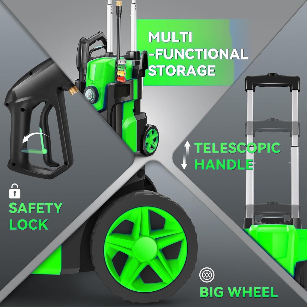 Electric Pressure Washer 5000PSI, Heavy Duty Power Washer Electric Powered, with 4 Nozzles,Foam Cannon,33FT Hose and 500ml Soap Bottle,Car Wash Machine/Car/Driveway/Patio Clean,Green