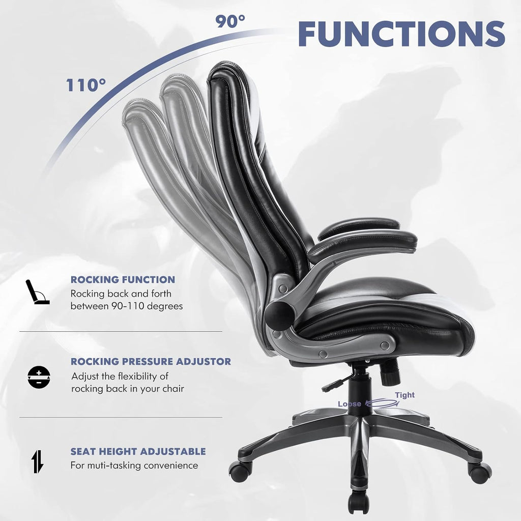 COLAMY Leather Executive Office Chair - High Back Ergonomic Home Computer Desk Chair with Padded Flip-up Arms, Adjustable Tilt Lock, Swivel Rolling Chair for Adult Working Study, Black