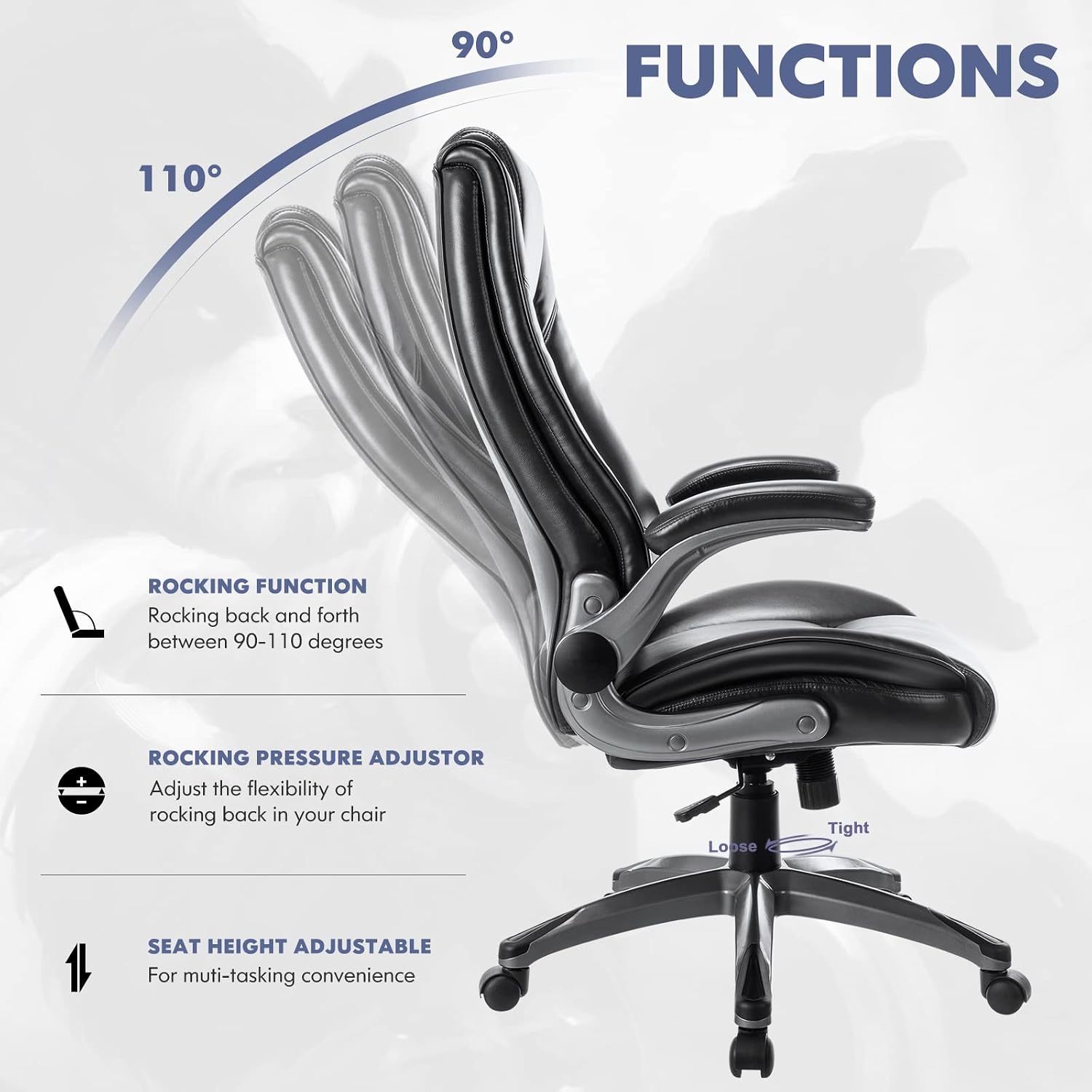COLAMY Leather Executive Office Chair - High Back Ergonomic Home Computer Desk Chair with Padded Flip-up Arms, Adjustable Tilt Lock, Swivel Rolling Chair for Adult Working Study, Black