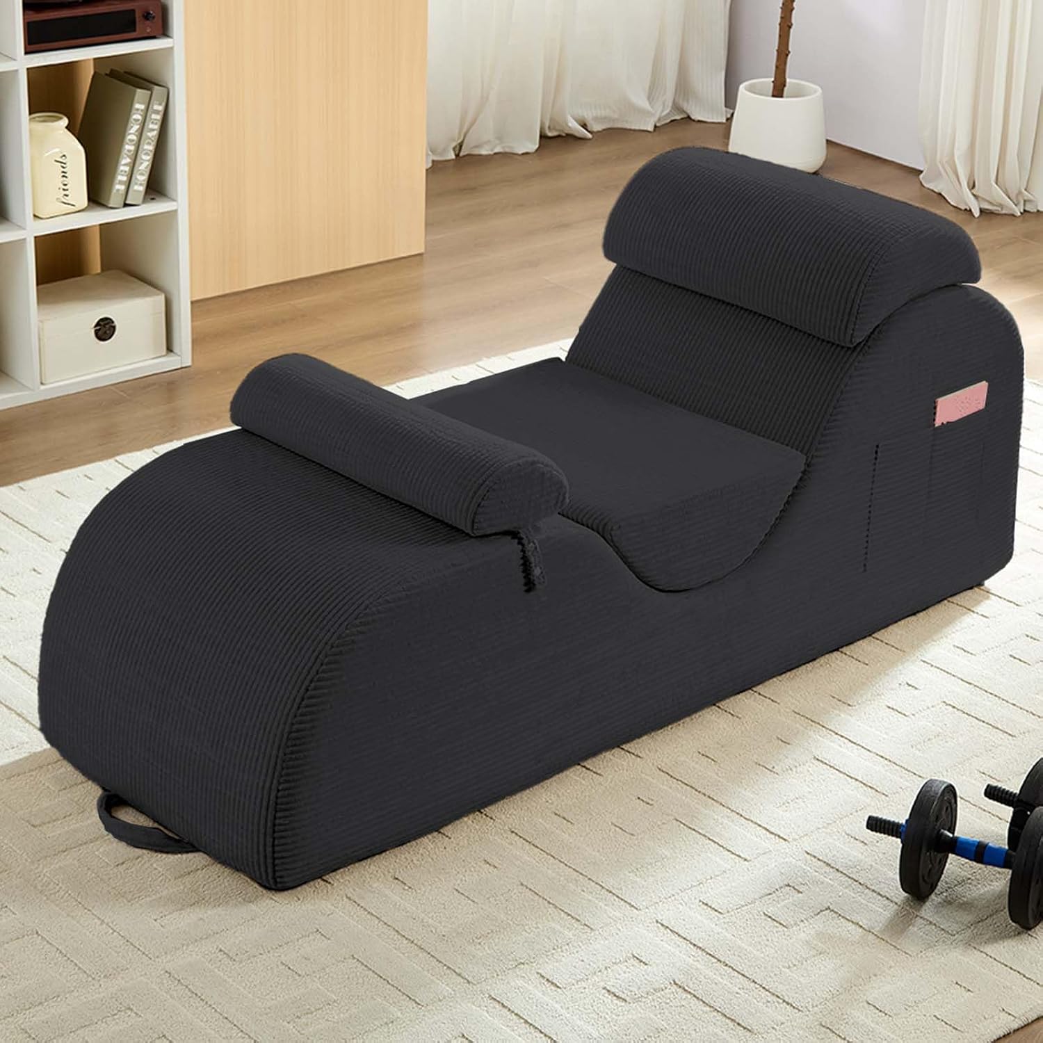 ijuicy 25' Wide Ergonomic Stretch Yoga Chair, Modern Floor Relax Chaise Lounge Chair with Adjustable Headrest, Waist Support Cushion, Movable Footrest & Side Pockets-Dark Grey