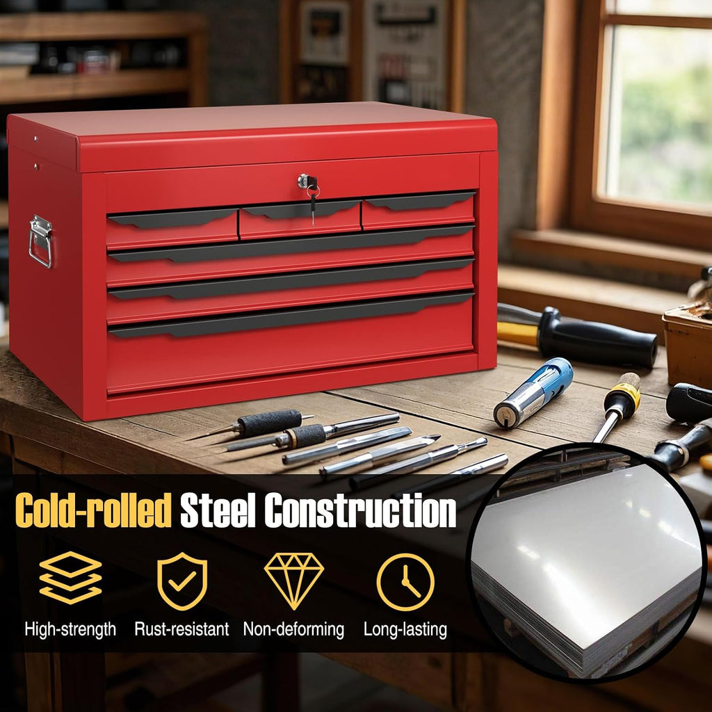 Tool Box, 6-Drawer Steel Tool Chest with Top Storage Automatic Lock & EVA Liner, Portable Tool Storage Organizer for Repair Shop Garage Warehouse (Red)