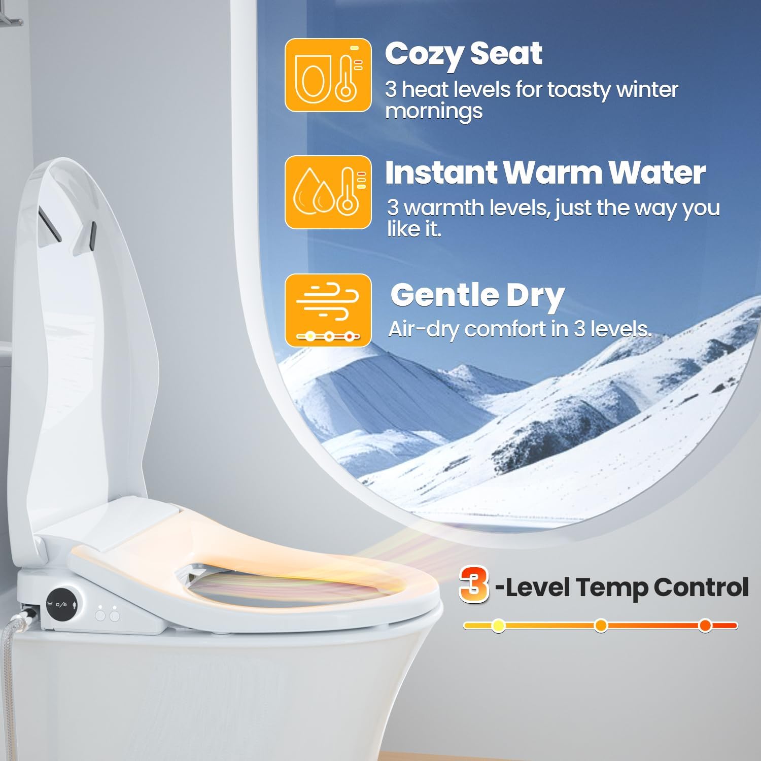 Tadashi Bidet Toilet Seat Elongated, Heated Toilet Seat, Instant Warm Water & Dryer, Feminine & Rear Wash, Self-Clean Nozzle, Slow Close Lid, Child/ECO/Silent Mode