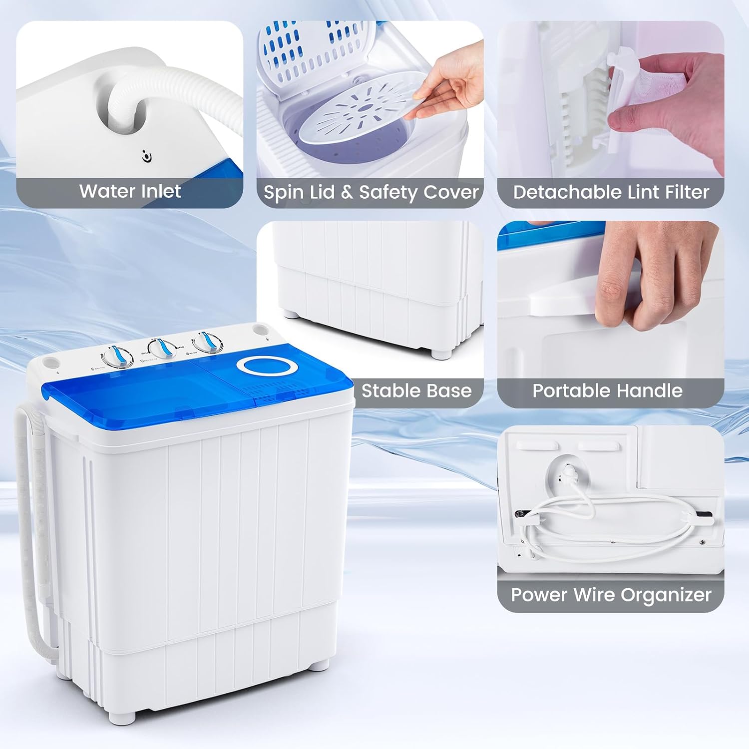 COSTWAY Portable Washing Machine, 17.6 lbs Capacity Twin Tub 11 lbs Washer and 6.6 lbs Spinner with Control Knobs, Timer Function, Drain Pump, Compact Laundry washer for Home Dorm Apartment RV (Blue)