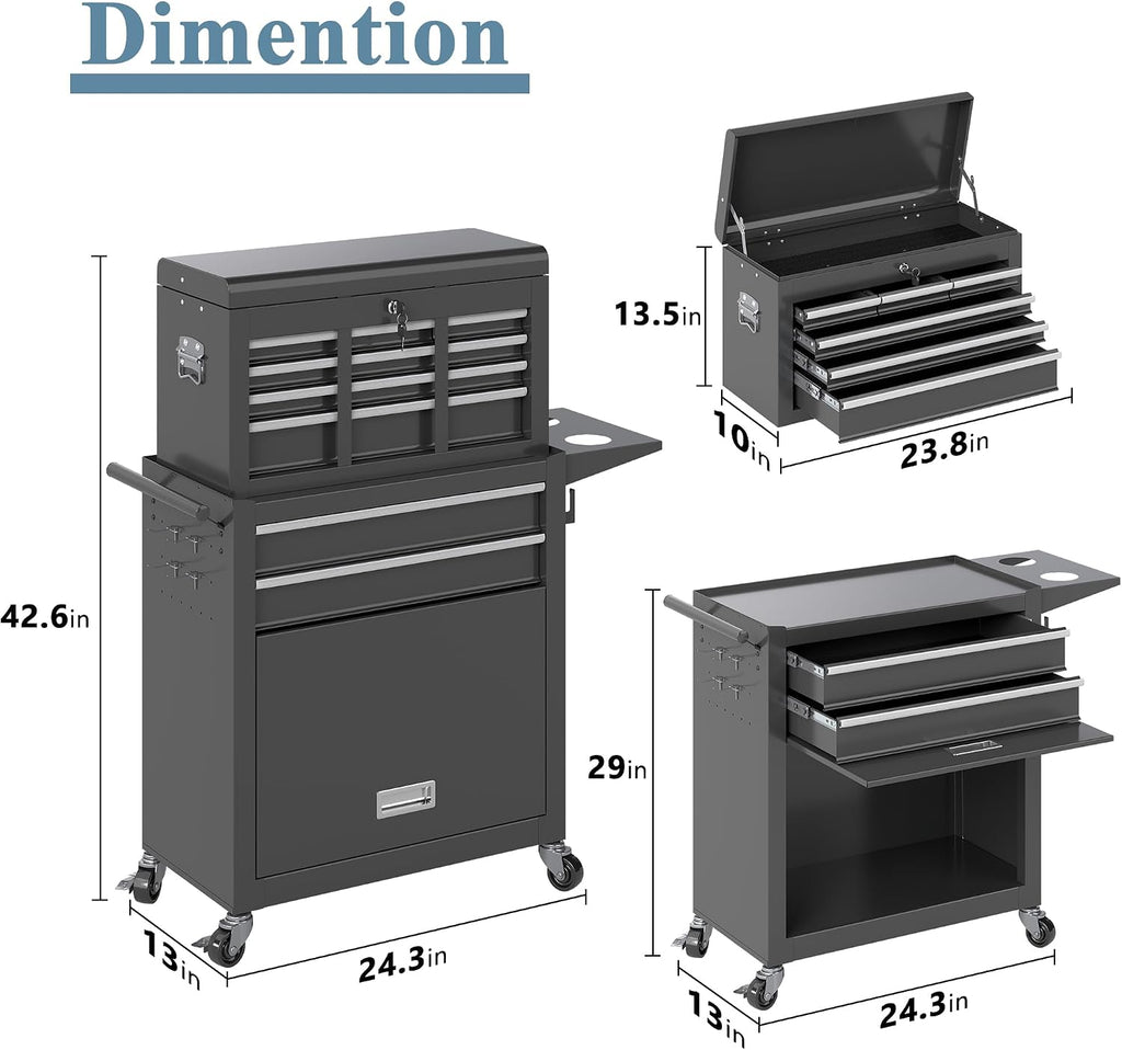 Tool Chest, 8 Drawers Rolling Tool Chest with Wheels, Removable Cabinet Storage Tool Box with Hooks and Liners,Universal Lockable Wheels, Metal Tool Storage Cart, Tool Box for Garage, Workshop