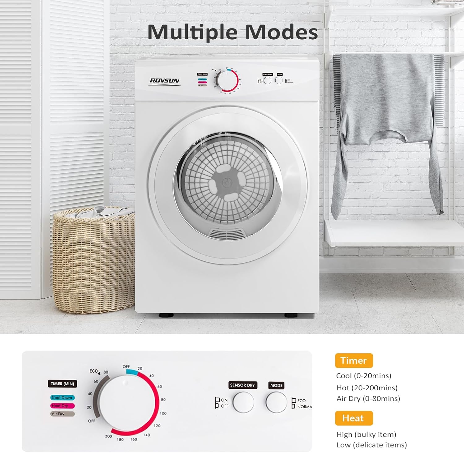 ROVSUN 1.8 Cu.Ft Portable Clothes Dryer, Front Load Dryer Machine, Compact Laundry Dryer with Stainless Steel Tub for Apartment, Home, Dorm (Classic Knob Control)