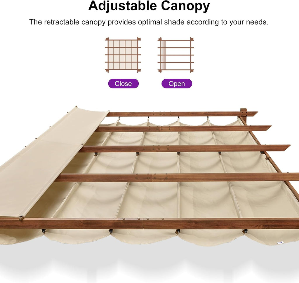 PURPLE LEAF 10' x 13' Outdoor Retractable Pergola Patio Metal Shelter for Garden Porch Beach Pavilion Natural Wood Grain Frame Gazebo Modern Yard Grill Pergola with Shade Canopy Curtains Beige