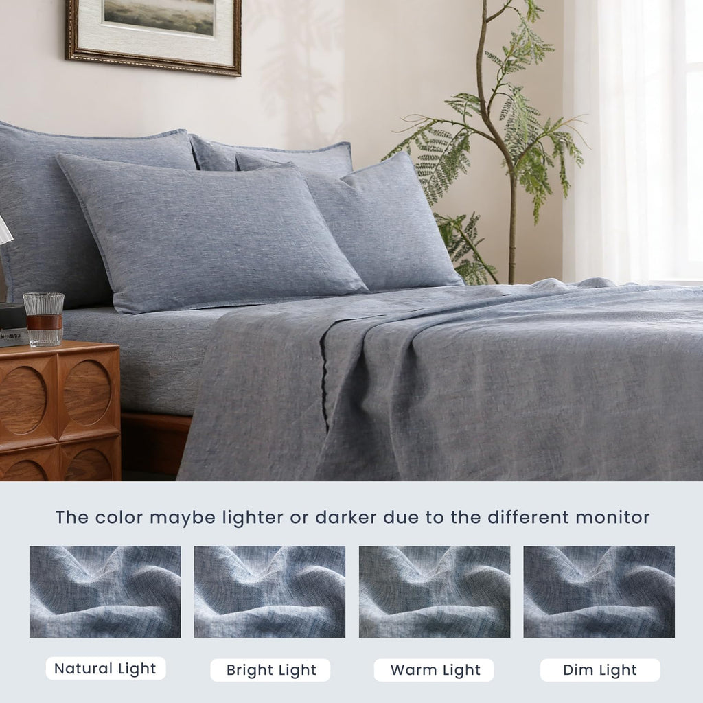 S VICTORY SYMBOL 100% Organic Linen Chambray Sheets Set Full Size,Washed French Flax Bed Sheets 4 Pieces(2 Pillowcases,1 Fitted Sheet,1 Flat Sheet) Blue Denim,Yarn Dyed Natural Linen Bedding