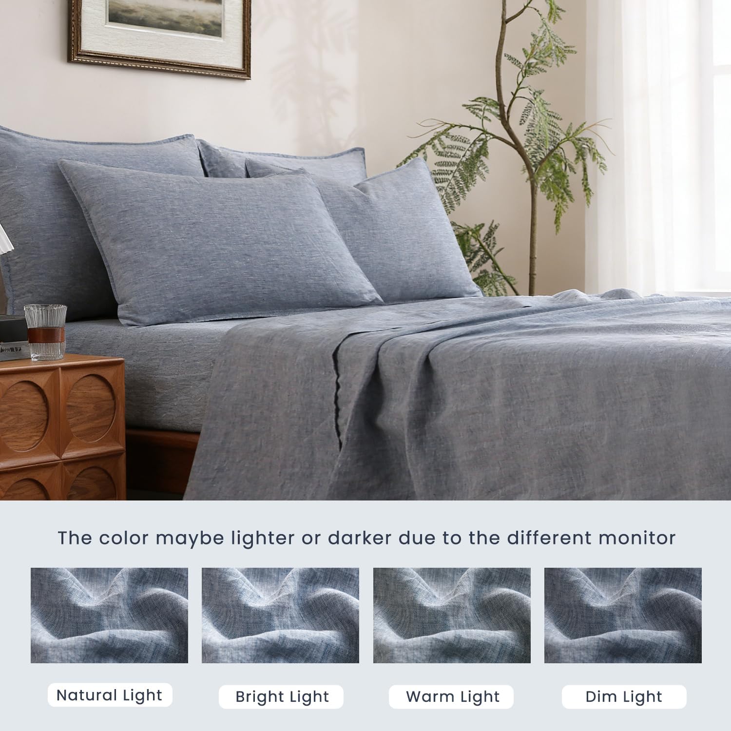 S VICTORY SYMBOL 100% Organic Linen Chambray Sheets Set Twin XL Size,Washed Natural French Flax Bed Sheets 3 Pieces,16inch Deep Pocket Linen Bedding for Hot Sleepers,Yarn Dyed Blue Denim