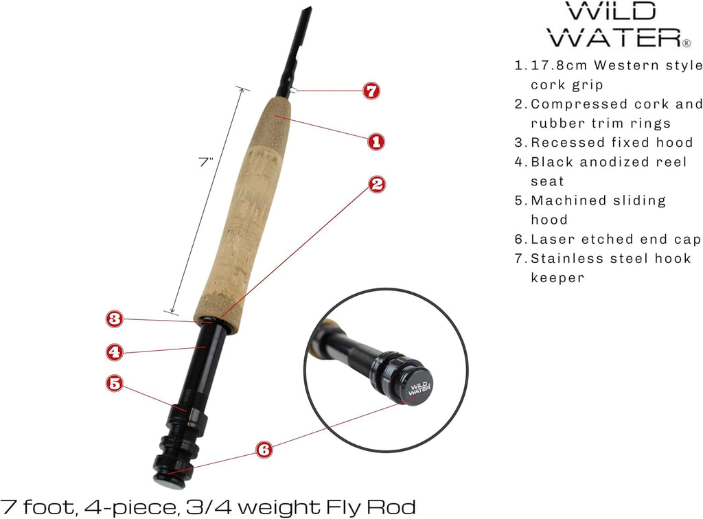 Wild Water Deluxe Fly Fishing Combo Starter Kit, 7-Foot Pole, 4-Piece Fly Rod Kit, 3/4 Weight, Fishing Accessories, Includes Die cast Aluminum Reel and Hard Tube Case with Pouch, Fly Box and Flies
