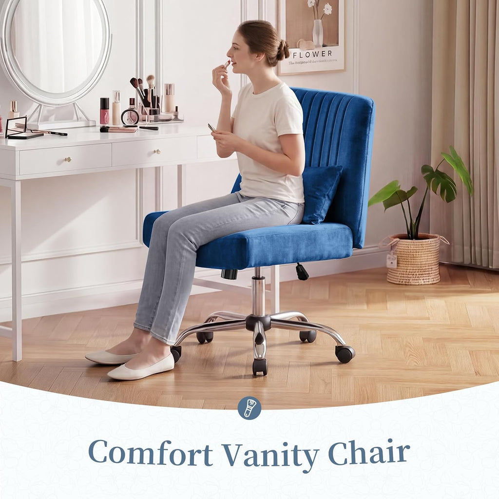 Warmiehomy Velvet Criss Cross Chair with Wheels, Cross Legged Office Chair, Comfy Desk Chair for Home Office, Ergonomic Computer Chair, Wide Seat Vanity Chair, for Adults, Royal Blue
