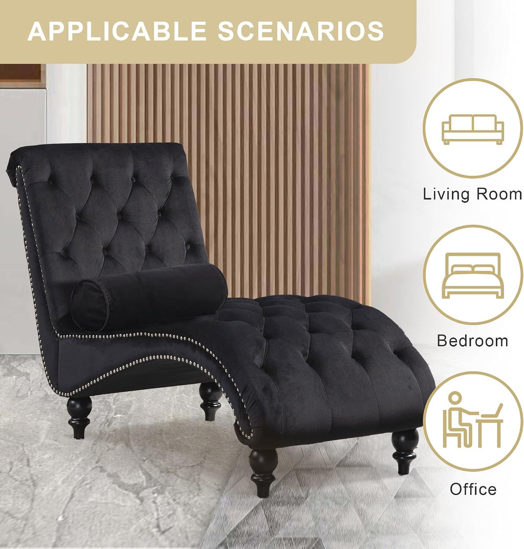 Velvet Chaise Lounge Indoor,Button-Tufted Upholstered Chaise Lounge Chair with Pillow for Bedroom Living Room Office Modern Backrest Leisure Recliner Sleep Sofa,Black