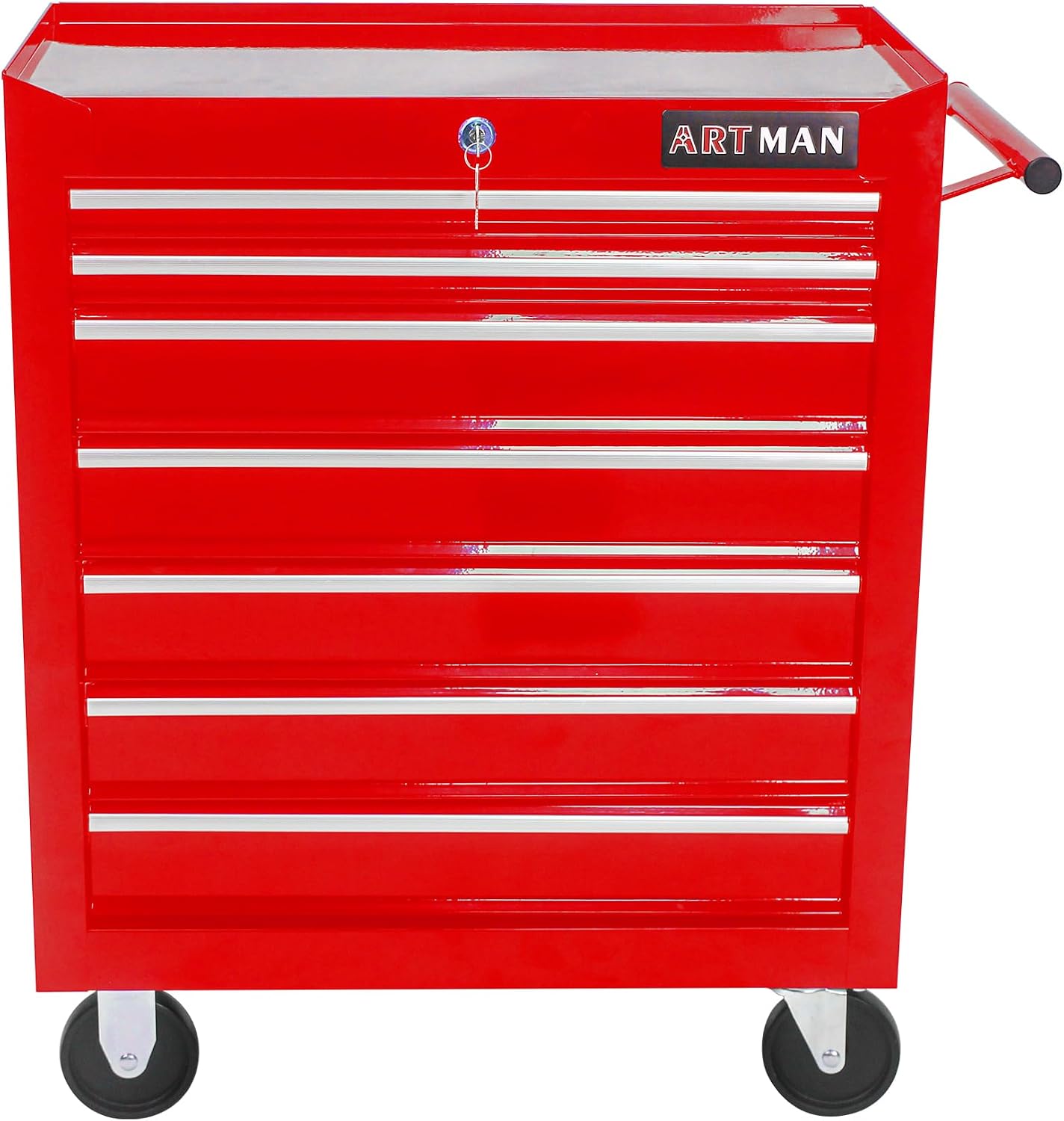 7-Drawers Multifunctional Tool Boxes on Wheels, Lockable 4' Casters Tool Cart Cabinet, Powder-coated Steel Rolling Tool Chest with Key for Garage, Warehouse, Repair Shop, 231LBS Capacity - Red