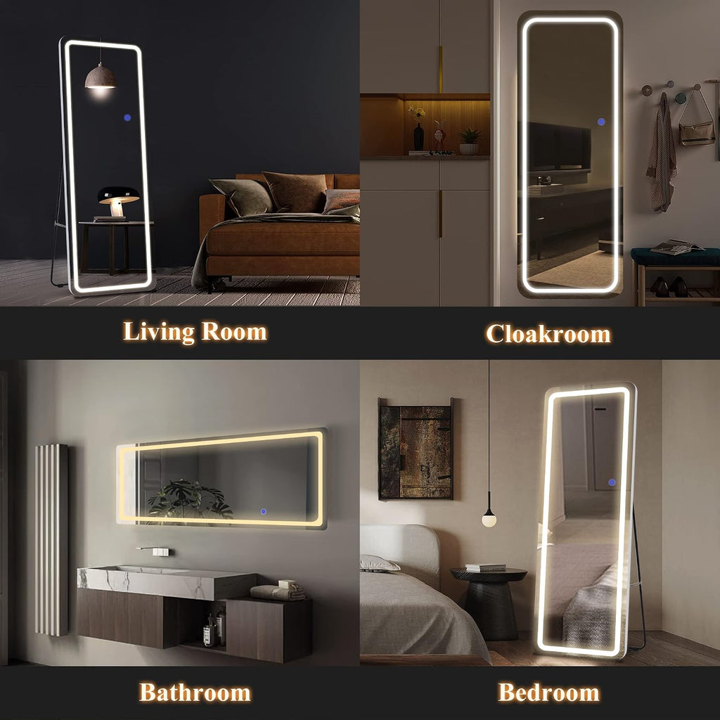 NeuType Full Length Mirror with Lights, 63'x16' Lighted Floor Mirror with Stand Full Body Mirror with Touch Button and Plug, Dimmable 3 Lighting for Bedroom Living Room, Round Corner, White