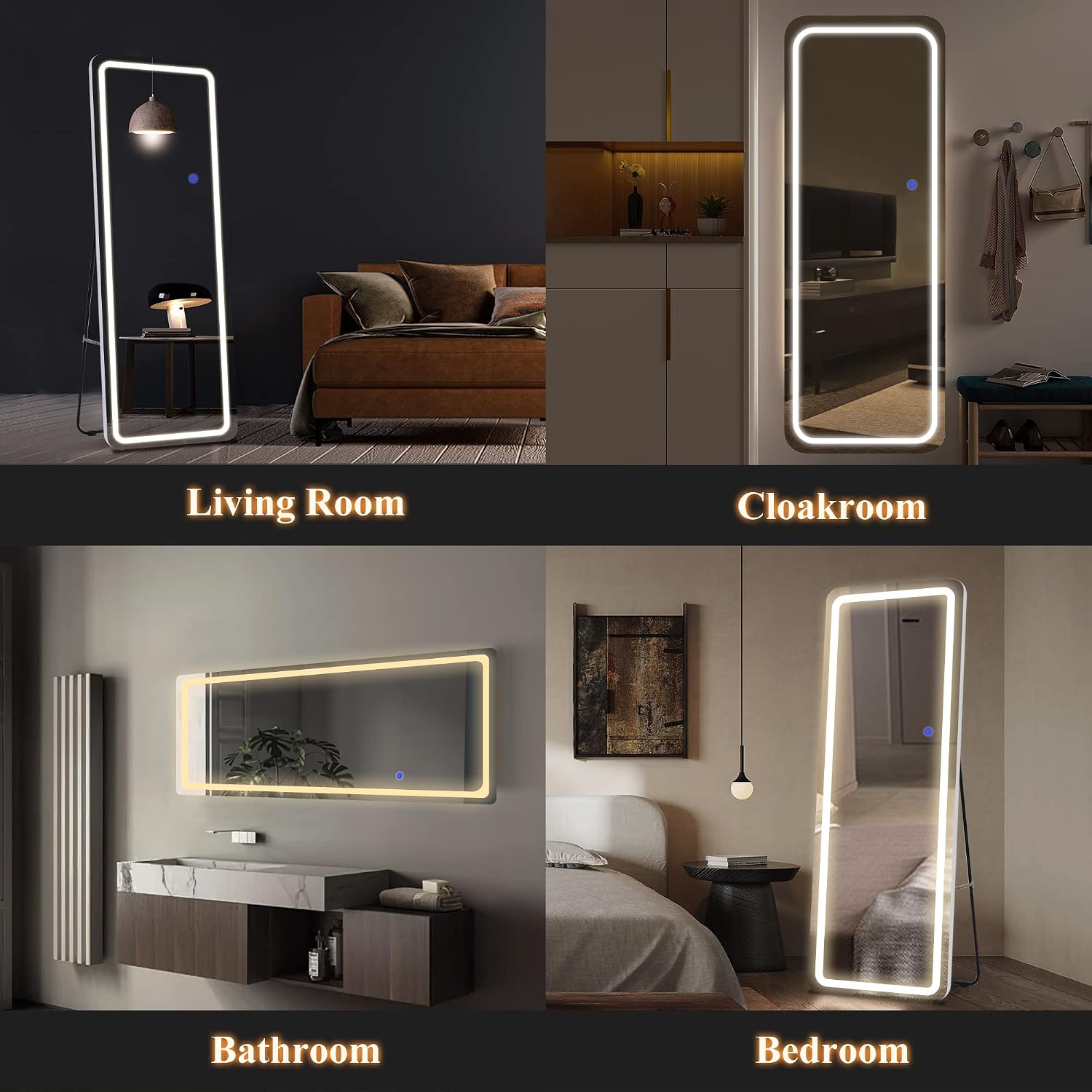 NeuType Full Length Mirror with Lights, 63'x16' Lighted Floor Mirror with Stand Full Body Mirror with Touch Button and Plug, Dimmable 3 Lighting for Bedroom Living Room, Round Corner, White