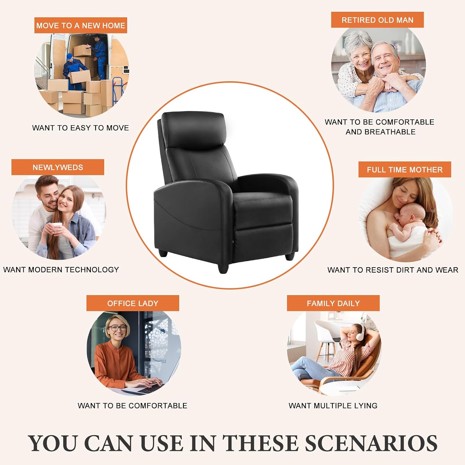Sweetcrispy Massage Recliner Chair for Adults, Adjustable Home Theater Seating with Lumbar Support for Living Room, Modern Fabric Reclining, Black