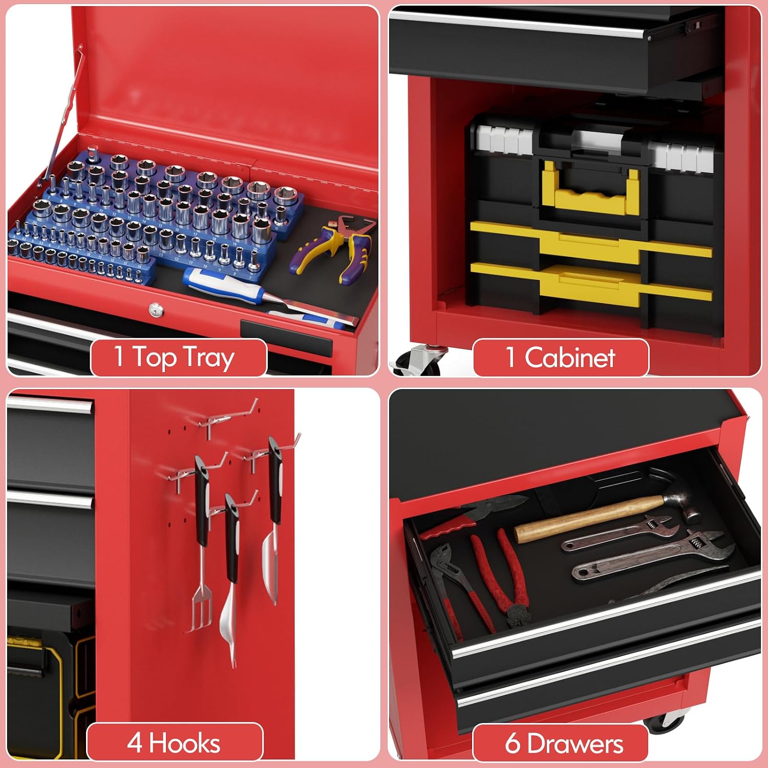 S AFSTAR 6-Drawer Rolling Tool Chest, High Capacity Tool Storage Cabinet with 4 Hooks, Locking System and Universal Wheels, 3-in-1 Detachable Toolbox for Garage, Workshop, Black and Red