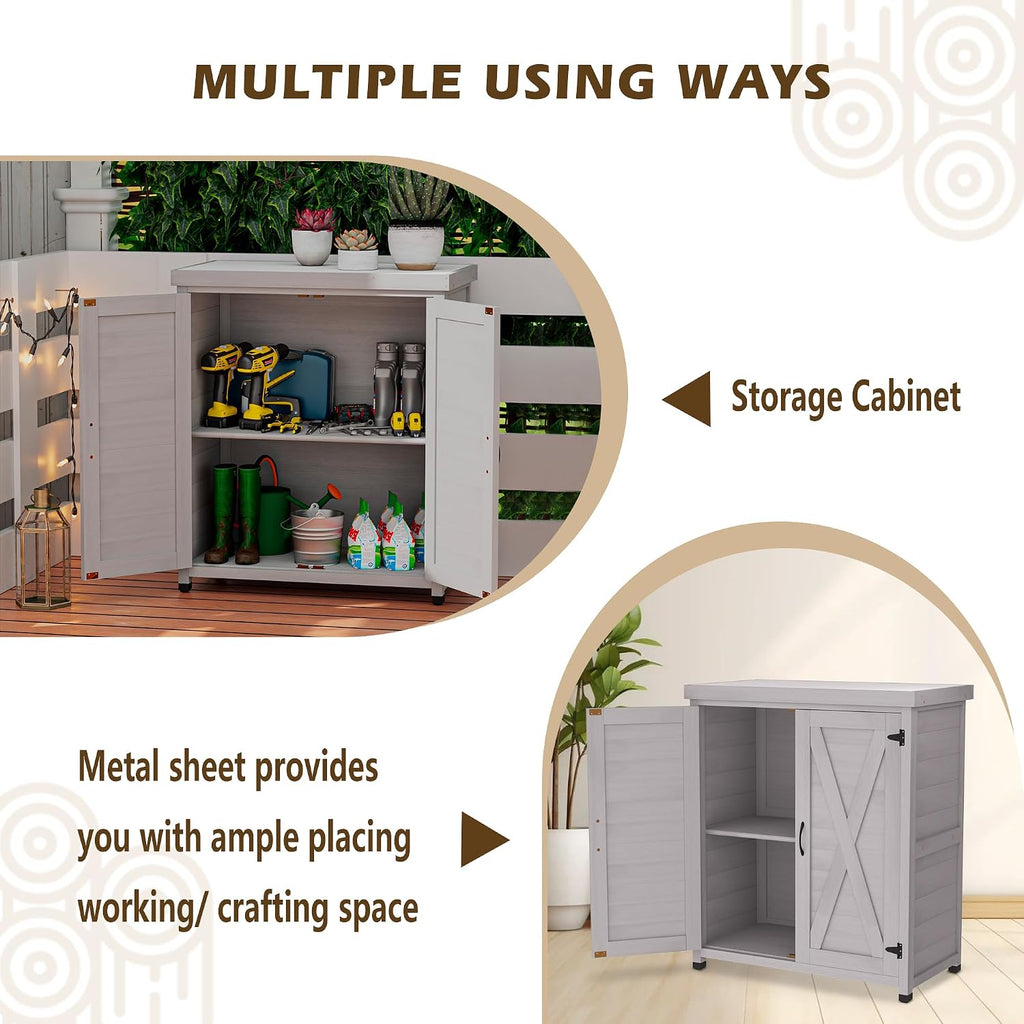 Outdoor Storage Shed Waterproof, Potting Shed with Storage Cabinet and Metal Table Top for Backyard Garden Patio,Outdoor Work Station Table