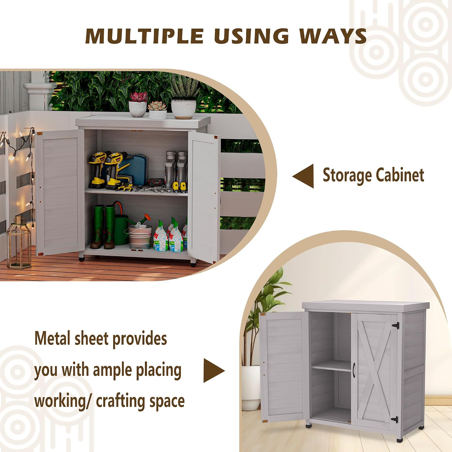 Outdoor Storage Shed Waterproof, Potting Shed with Storage Cabinet and Metal Table Top for Backyard Garden Patio,Outdoor Work Station Table