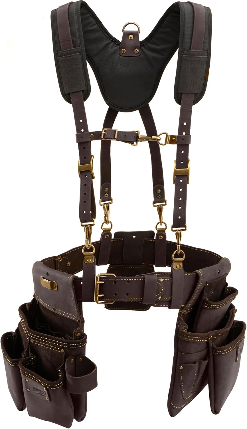 OX Pro Construction Tool Belt with Suspenders - Made of Oil-Tanned Leather with Double-Stitching and Steel Rivets - 22-Pocket Small Tool Belt