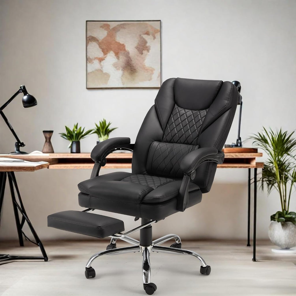 HOMREST 6-Point Massage Office Chair with Heat, 500lbs Big and Tall Executive Chair, Ergonomic Reclining Desk Chair with Footrest & Lumbar Support, Adjustable Armrest, PU Leather (Black)